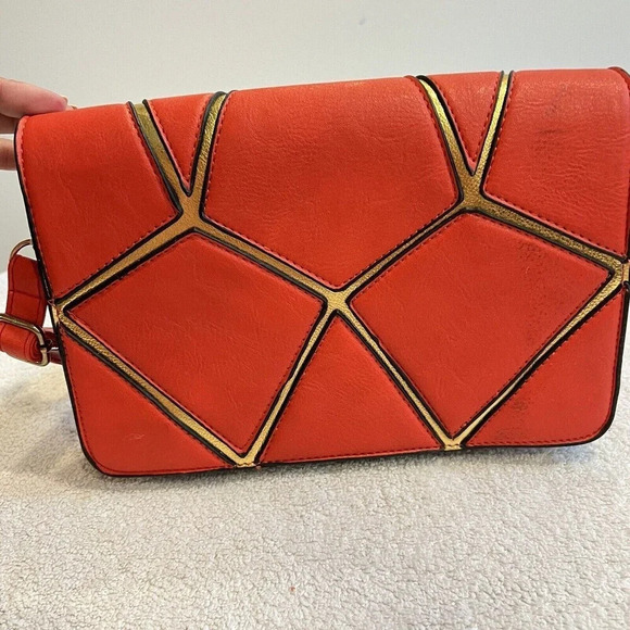 Geometric Puzzle Bag Women’s Red Orange Gold Small Rectangle Shoulder *read - Picture 7 of 16